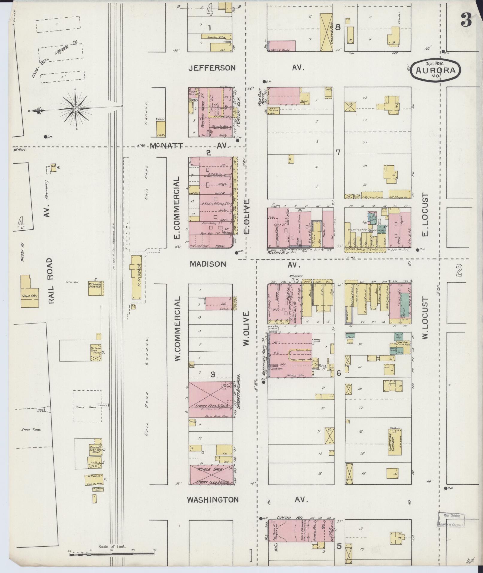 Sanborn Fire Insurance Map from Aurora, Lawrence County, Missouri (1892), Sheet #0003 - Complete Map Set gallery image, historic Sanborn map, vintage wall art, Missouri Missouri