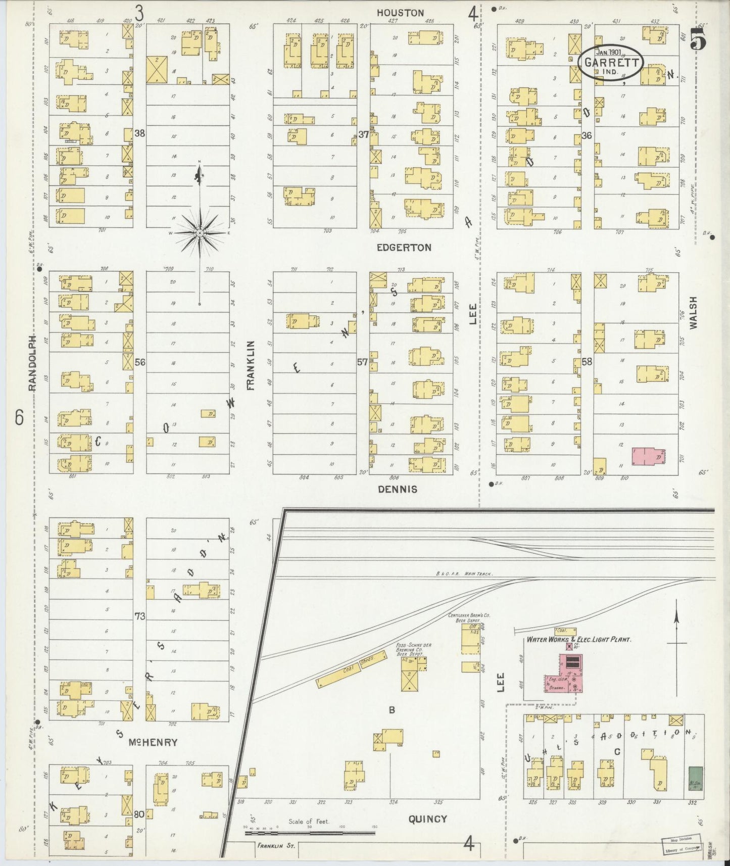 Sanborn Fire Insurance Map from Garrett, De Kalb County, Indiana (1901), Sheet #0005 - Historic Sanborn Fire Insurance Map Print, vintage old map wall art, antique decor, genealogy gift, Indiana Indiana map