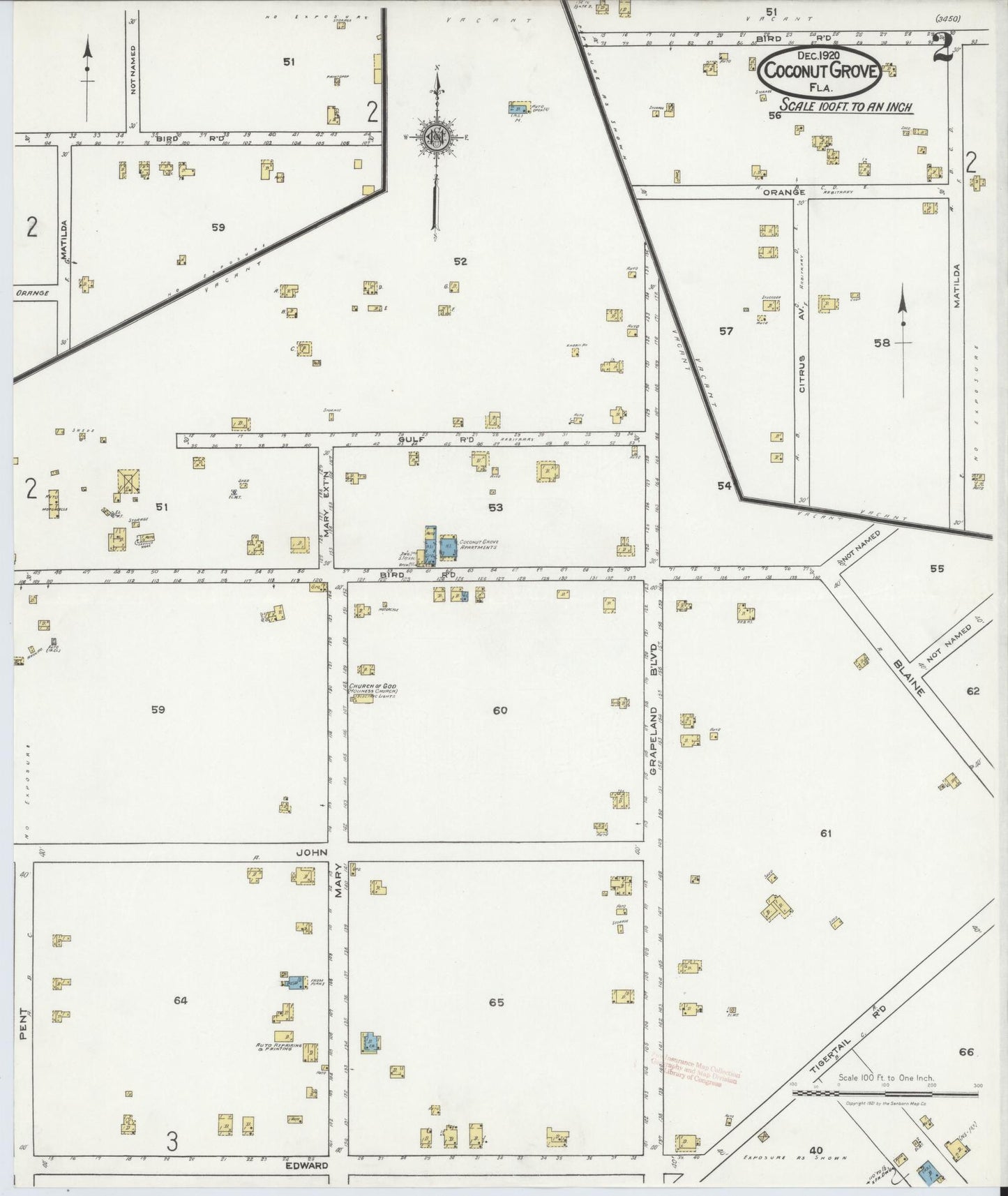 Sanborn Fire Insurance Map from Coconut Grove, Dade County, Florida (1920), Sheet #0002 - Historic Sanborn Fire Insurance Map Print, vintage old map wall art, antique decor, genealogy gift, Florida Florida map