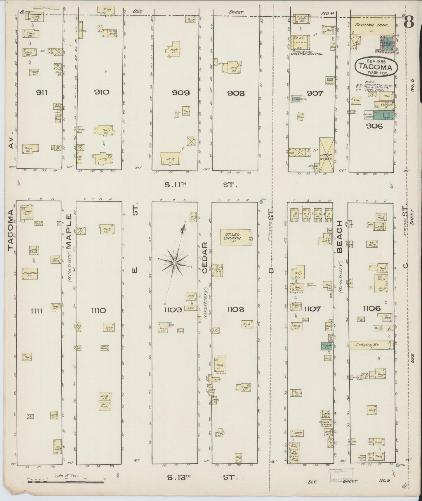 Sanborn Fire Insurance Map from Tacoma, Pierce County, Washington (1885), Sheet #0008 - Complete Map Set gallery image, historic Sanborn map, vintage wall art, Washington Washington