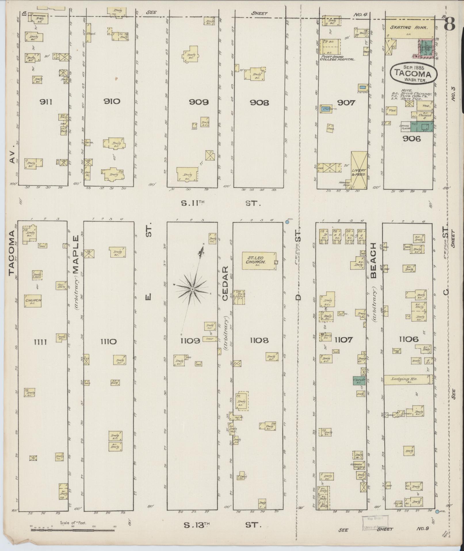 Sanborn Fire Insurance Map from Tacoma, Pierce County, Washington (1885), Sheet #0008 - Complete Map Set gallery image, historic Sanborn map, vintage wall art, Washington Washington