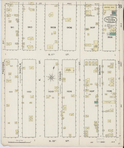 Sanborn Fire Insurance Map from Tacoma, Pierce County, Washington (1885), Sheet #0008 - Complete Map Set gallery image, historic Sanborn map, vintage wall art, Washington Washington