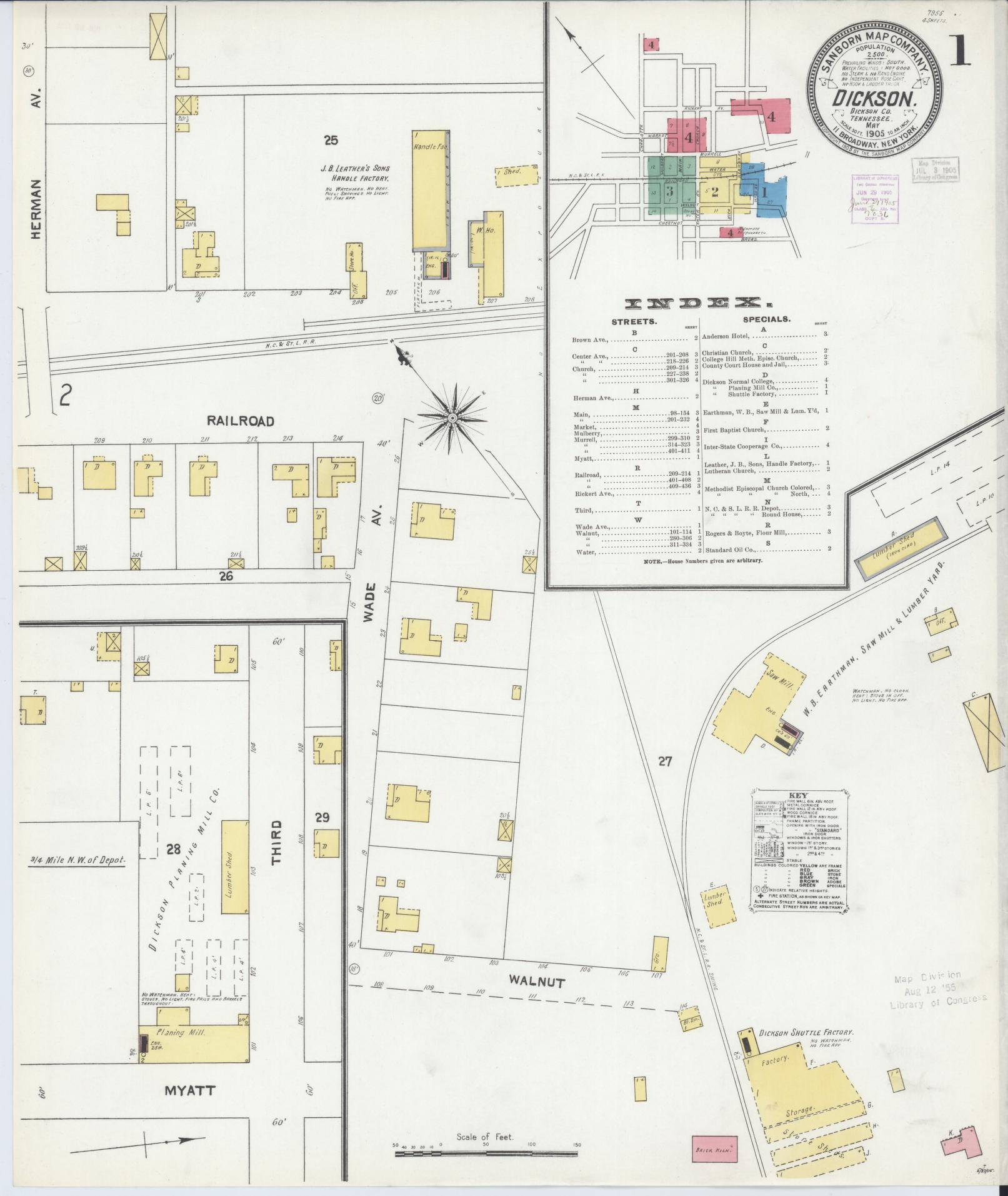 Sanborn Fire Insurance Map from Dickson, Dickson County, Tennessee (1905), Sheet #0001 - Complete Map Set gallery image, historic Sanborn map, vintage wall art, Tennessee Tennessee