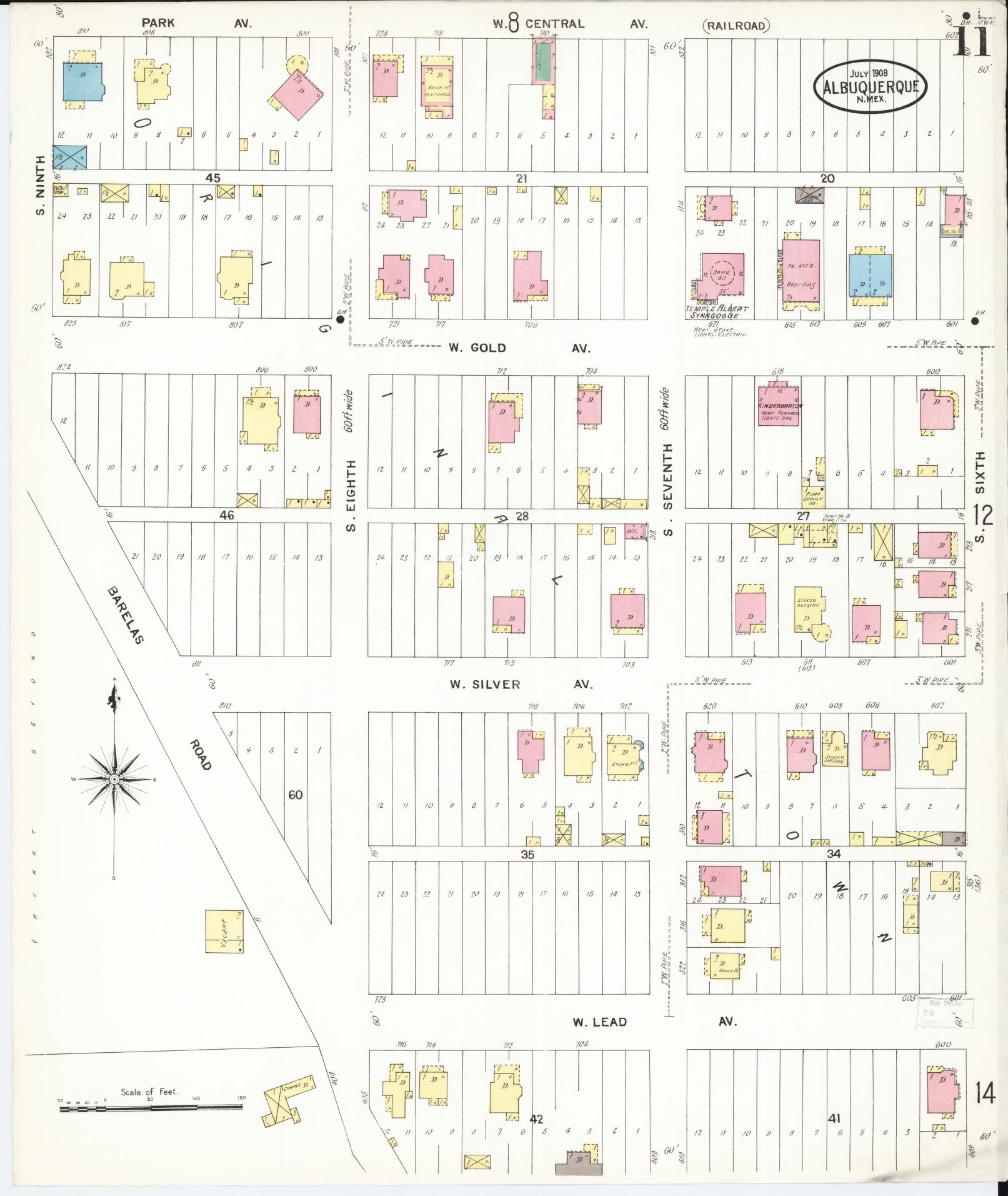 Sanborn Fire Insurance Map from Albuquerque, Bernalillo County, New Mexico (1908), Sheet #0011 - Historic Sanborn Fire Insurance Map Print, vintage old map wall art, antique decor, genealogy gift, New Mexico New Mexico map