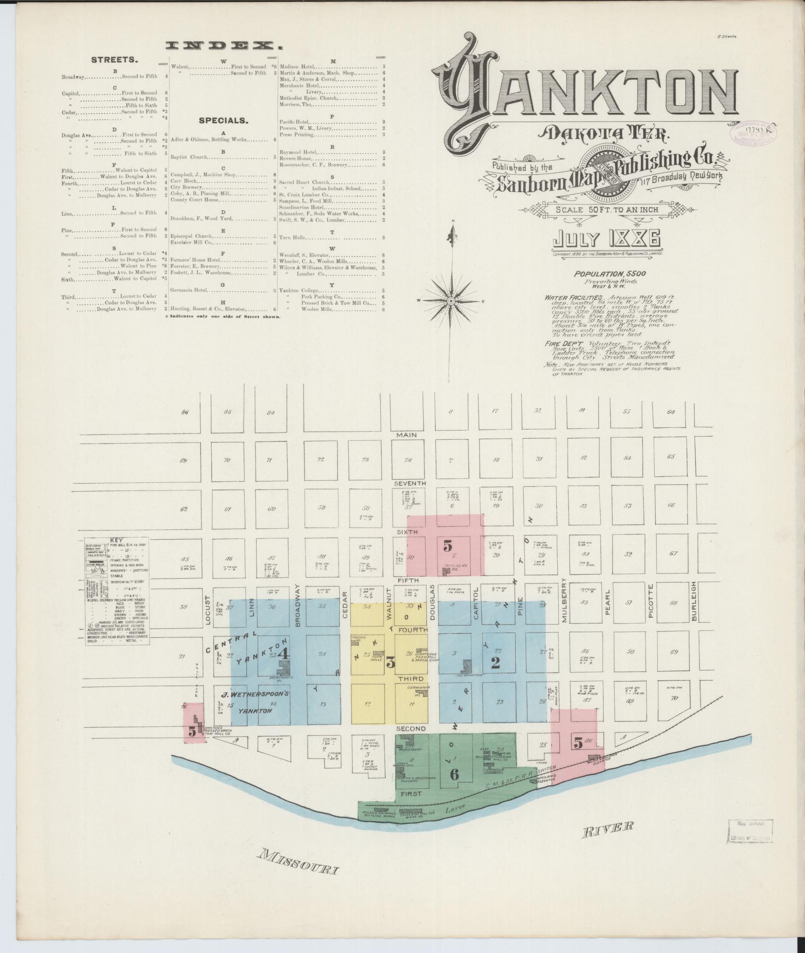 Sanborn Fire Insurance Map from Yankton, Yankton County, South Dakota (1886), Sheet #0001 - Historic Sanborn Fire Insurance Map Print, vintage old map wall art, antique decor, genealogy gift, South Dakota South Dakota map