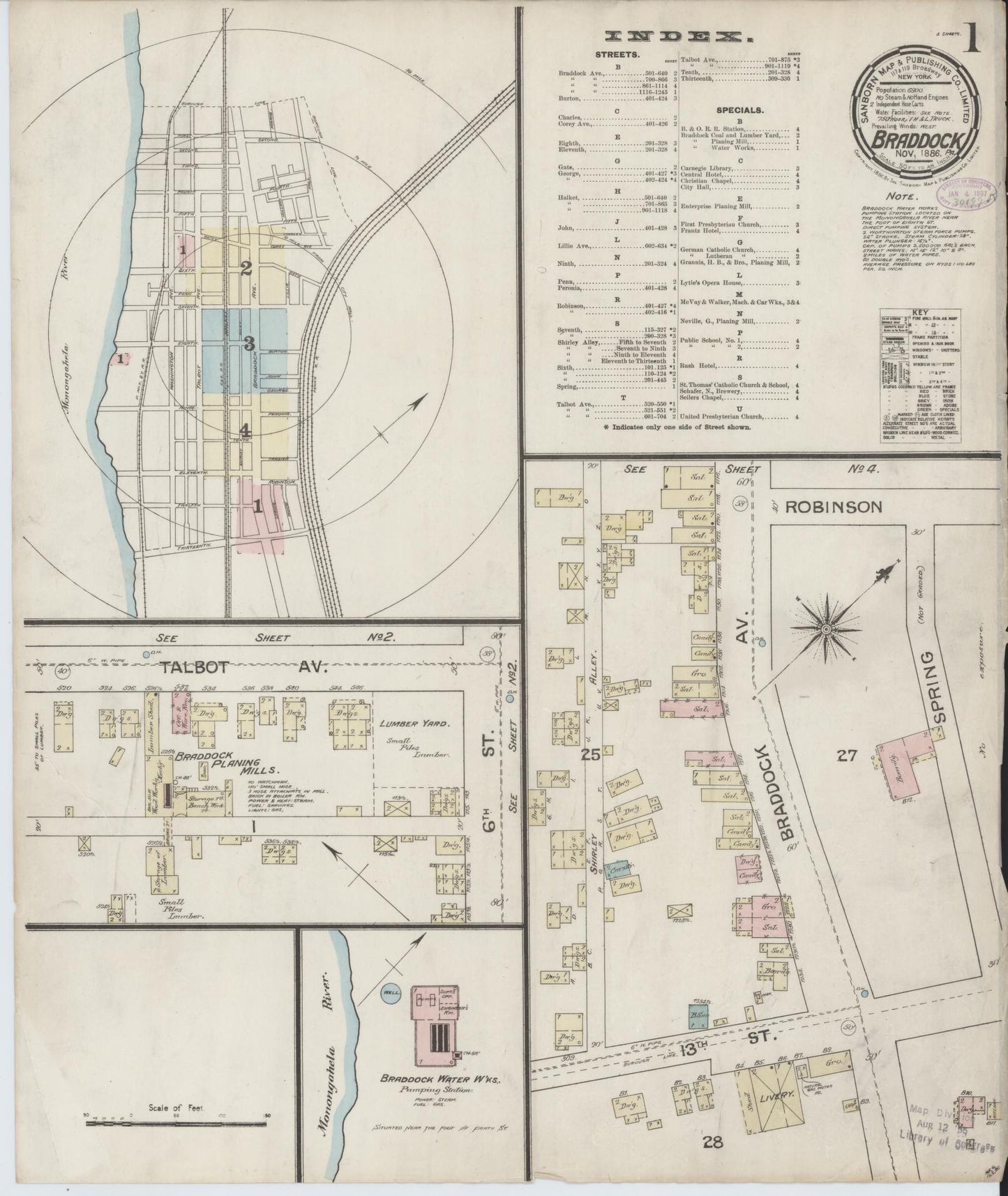 Sanborn Fire Insurance Map from Braddock, Allegheny County, Pennsylvania (1886), Sheet #0001 - Historic Sanborn Fire Insurance Map Print, vintage old map wall art, antique decor, genealogy gift, Pennsylvania Pennsylvania map