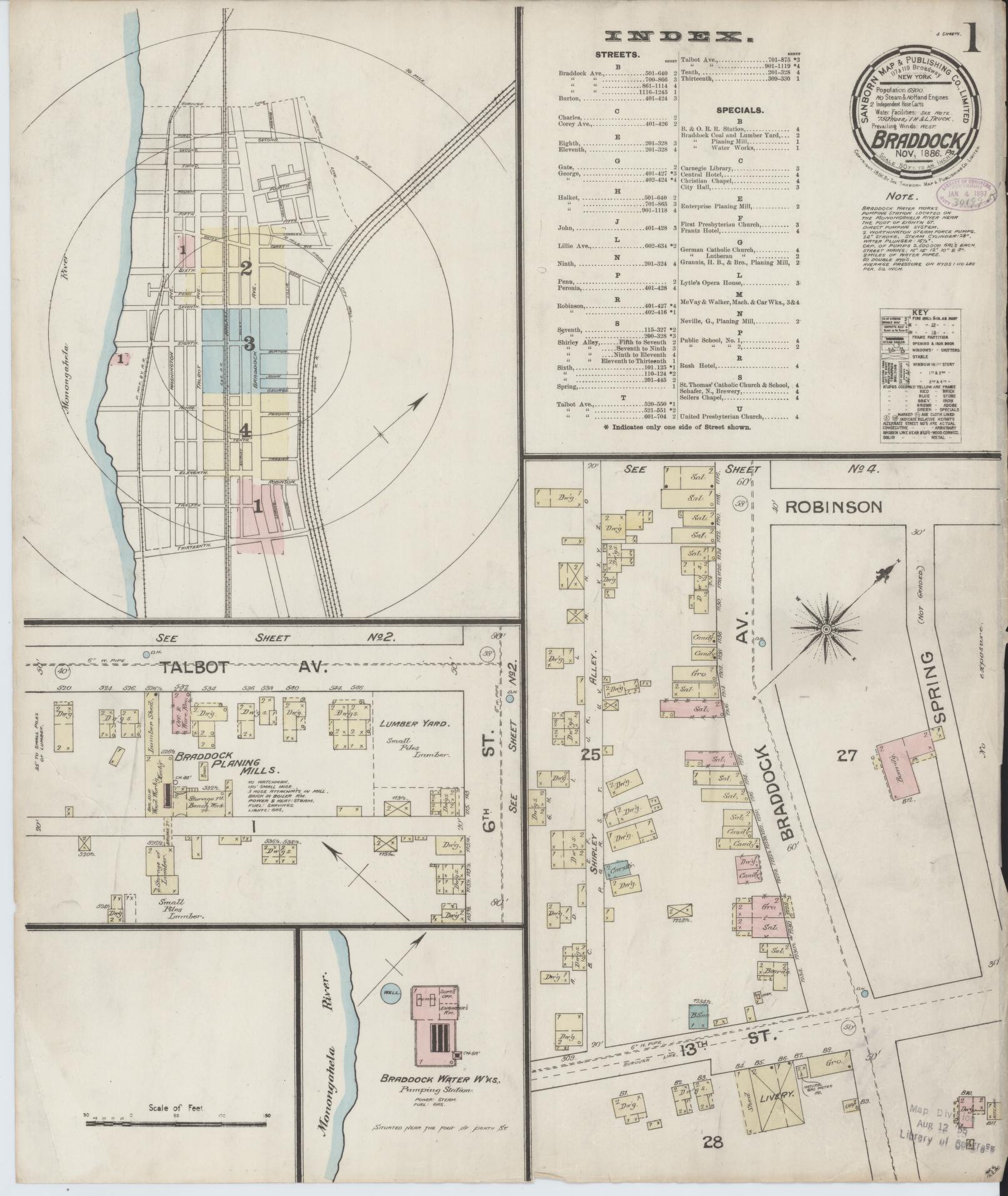 Sanborn Fire Insurance Map from Braddock, Allegheny County, Pennsylvania (1886), Sheet #0001 - Historic Sanborn Fire Insurance Map Print, vintage old map wall art, antique decor, genealogy gift, Pennsylvania Pennsylvania map