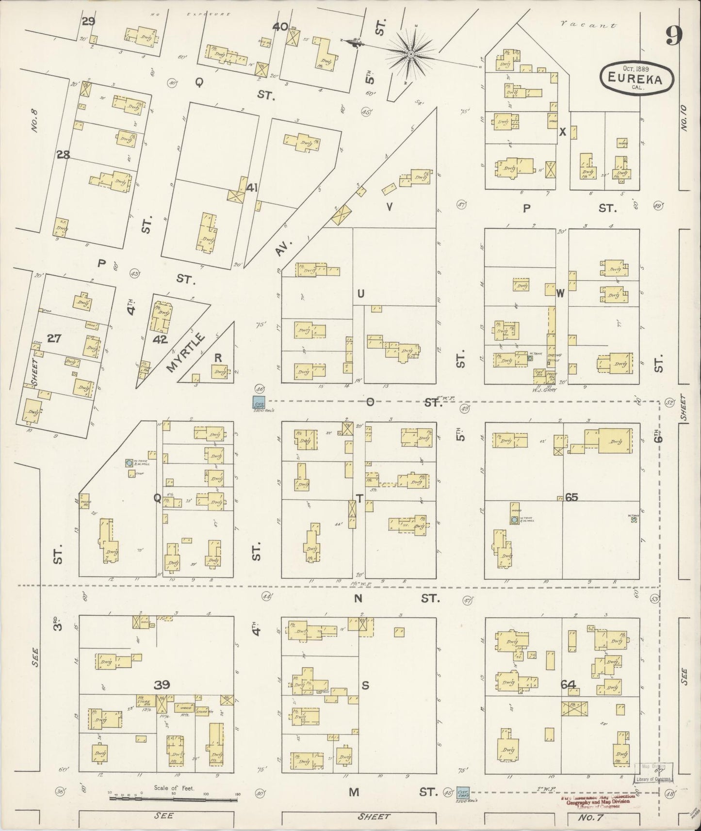 Sanborn Fire Insurance Map from Eureka, Humboldt County, California (1889), Sheet #0009 - Historic Sanborn Fire Insurance Map Print, vintage old map wall art, antique decor, genealogy gift, California California map