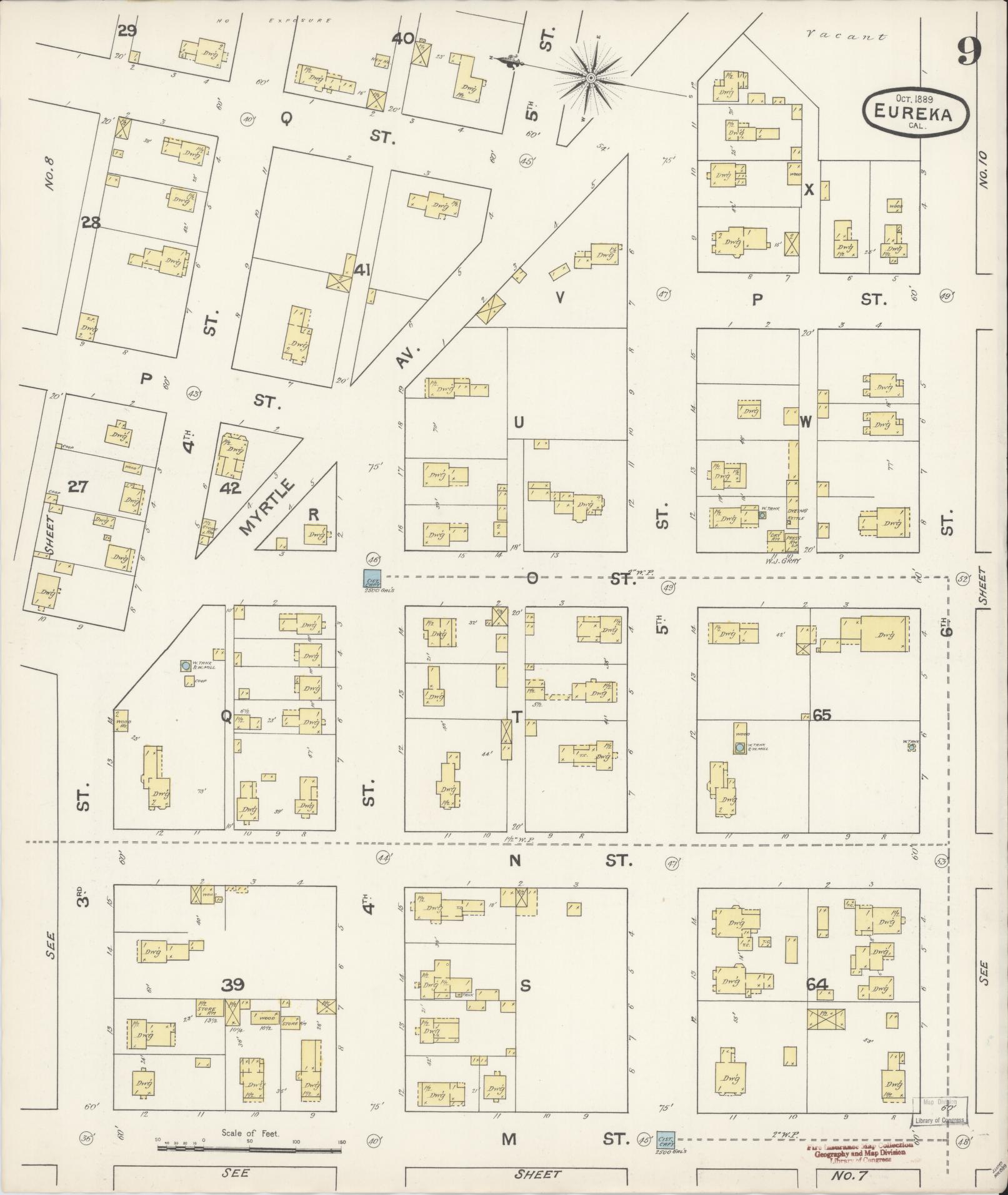 Sanborn Fire Insurance Map from Eureka, Humboldt County, California (1889), Sheet #0009 - Historic Sanborn Fire Insurance Map Print, vintage old map wall art, antique decor, genealogy gift, California California map