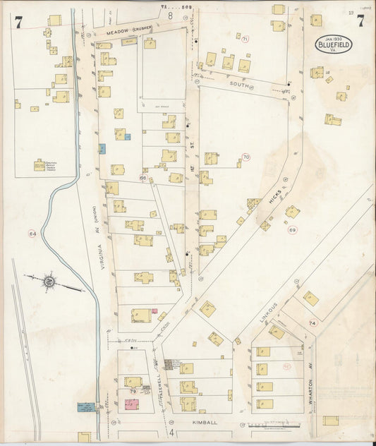Sanborn Fire Insurance Map from Bluefield, Tazewell County, Virginia (1930), Sheet #0007 - Historic Sanborn Fire Insurance Map Print, vintage old map wall art, antique decor, genealogy gift, Virginia Virginia map