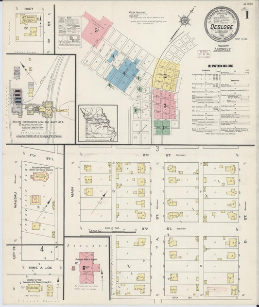 Sanborn Fire Insurance Map from Desloge, Saint Francois County, Missouri (1915), Sheet #0001 - Complete Map Set gallery image, historic Sanborn map, vintage wall art, Missouri Missouri