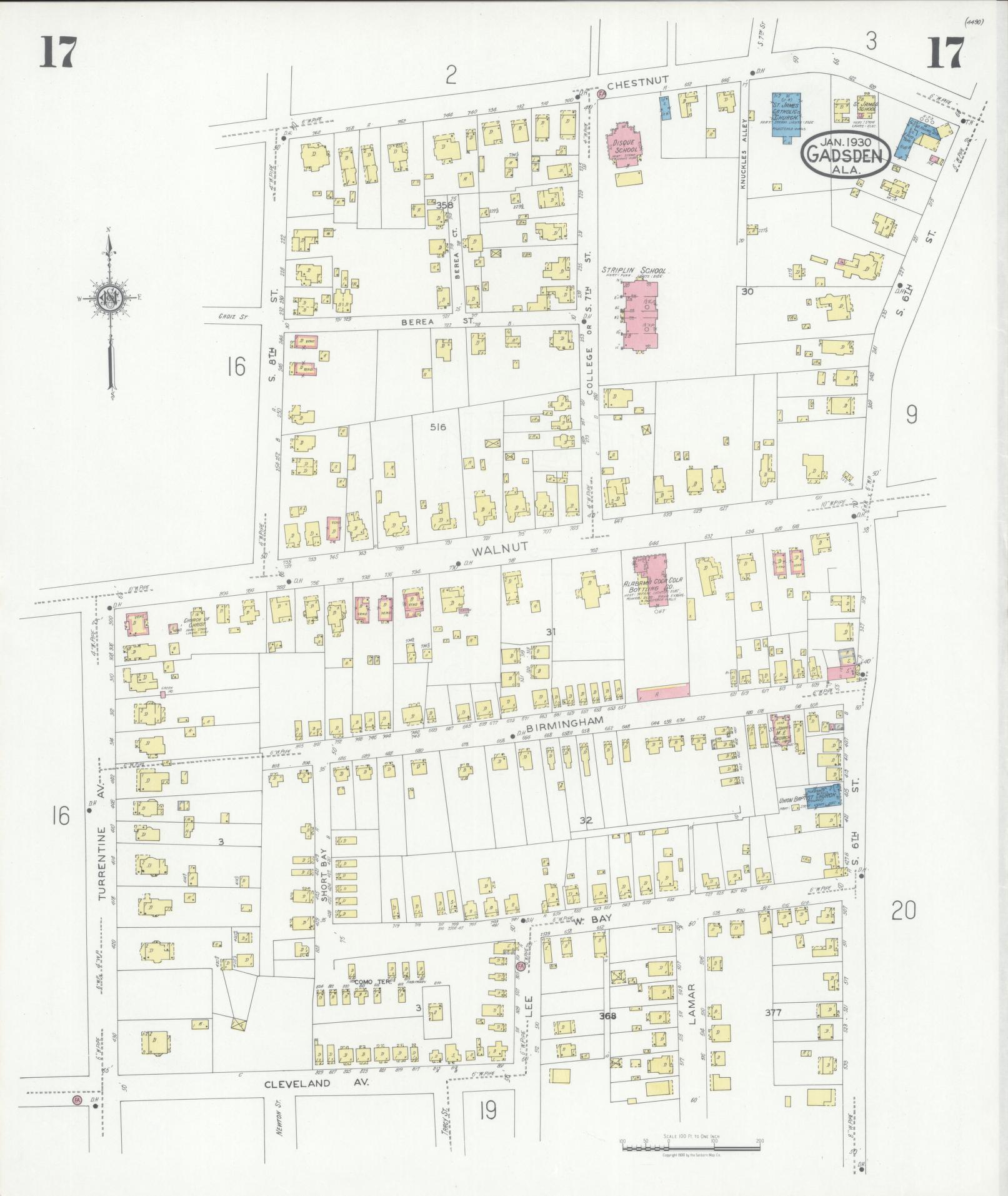 Sanborn Fire Insurance Map from Gadsden, Etowah County, Alabama (1930), Sheet #0017 - Complete Map Set gallery image, historic Sanborn map, vintage wall art, Alabama Alabama