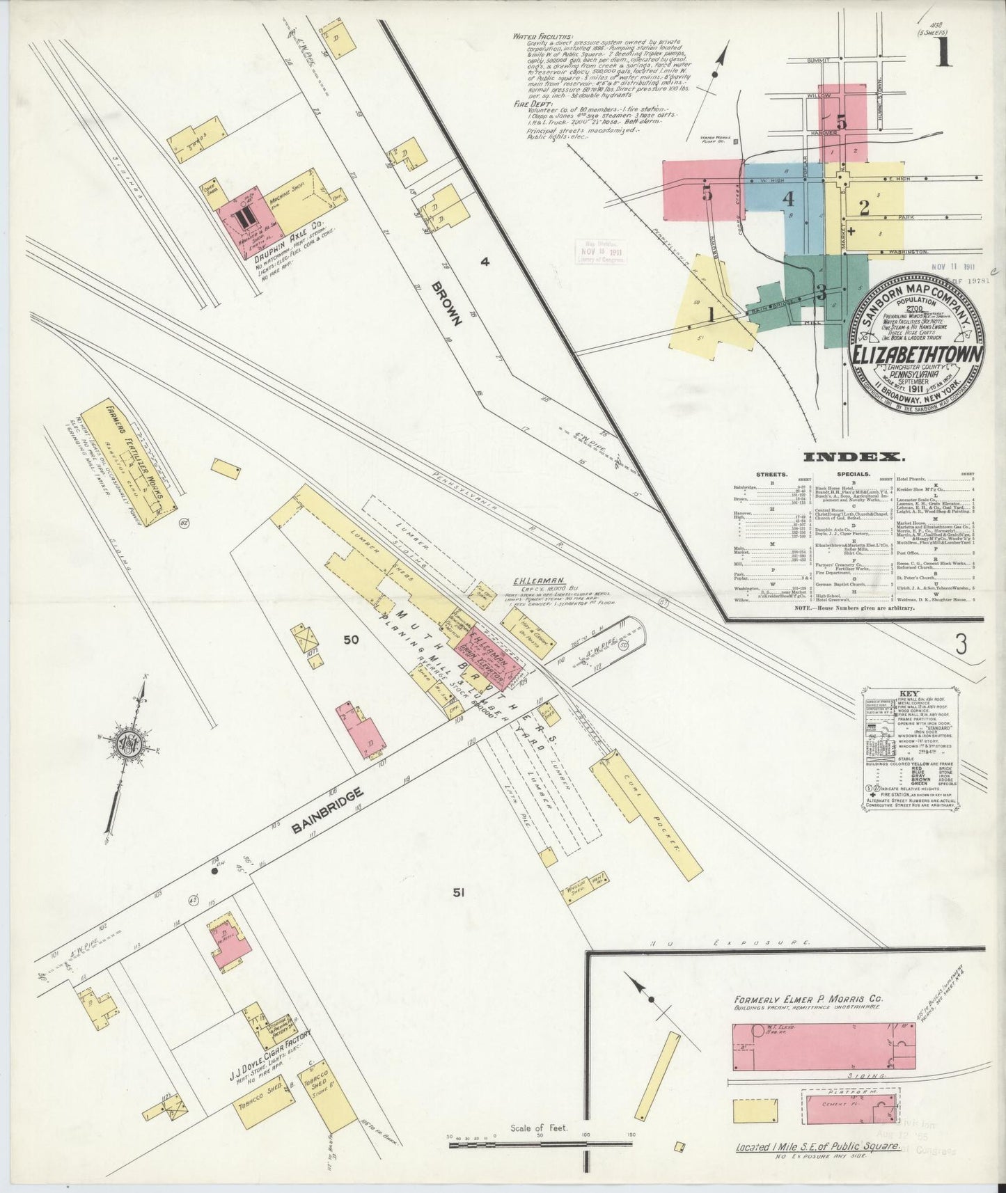Sanborn Fire Insurance Map from Elizabethtown, Lancaster County, Pennsylvania (1911), Sheet #0001 - Historic Sanborn Fire Insurance Map Print, vintage old map wall art, antique decor, genealogy gift, Pennsylvania Pennsylvania map