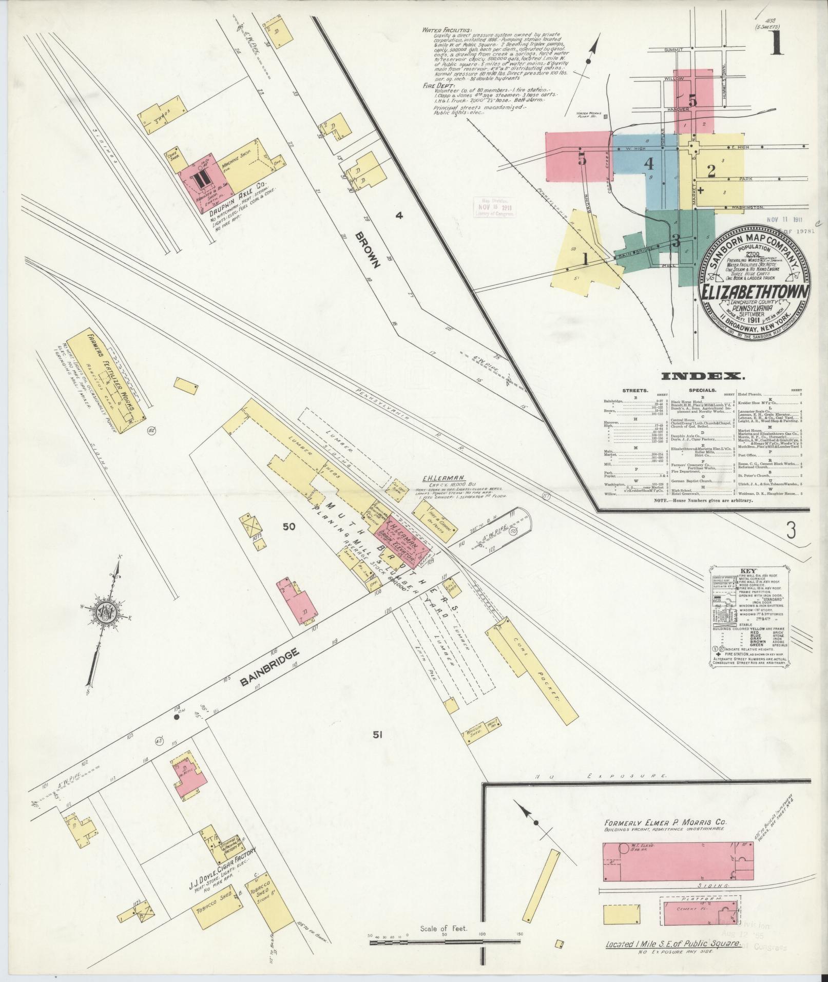 Sanborn Fire Insurance Map from Elizabethtown, Lancaster County, Pennsylvania (1911), Sheet #0001 - Historic Sanborn Fire Insurance Map Print, vintage old map wall art, antique decor, genealogy gift, Pennsylvania Pennsylvania map
