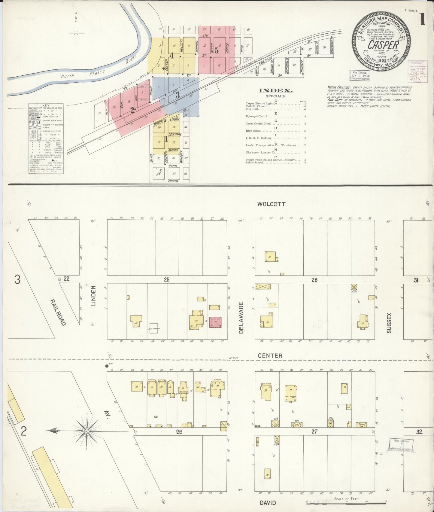 Sanborn Fire Insurance Map from Casper, Natrona County, Wyoming (1903), Sheet #0001 - Complete Map Set gallery image, historic Sanborn map, vintage wall art, Wyoming Wyoming