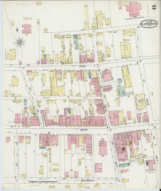 Sanborn Fire Insurance Map from Clarksburg, Harrison County, West Virginia (1896), Sheet #0002 - Historic Sanborn Fire Insurance Map Print, vintage old map wall art, antique decor, genealogy gift, West Virginia West Virginia map