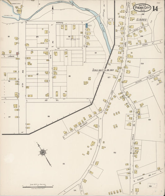 Sanborn Fire Insurance Map from Phenix City, Lee And Russell Counties, Alabama (1922), Sheet #0014 - Historic Sanborn Fire Insurance Map Print, vintage old map wall art, antique decor, genealogy gift, Alabama Alabama map