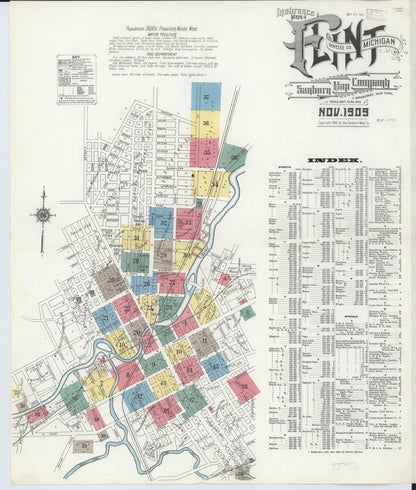 Sanborn Fire Insurance Map from Flint, Genesee County, Michigan (1909), Sheet #0001 - Historic Sanborn Fire Insurance Map Print, vintage old map wall art, antique decor, genealogy gift, Michigan Michigan map