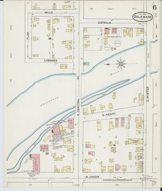 Sanborn Fire Insurance Map from Delaware, Delaware County, Ohio (1890), Sheet #0006 - Historic Sanborn Fire Insurance Map Print, vintage old map wall art, antique decor, genealogy gift, Sanborn Fire Insurance Map from Delaware Delaware map