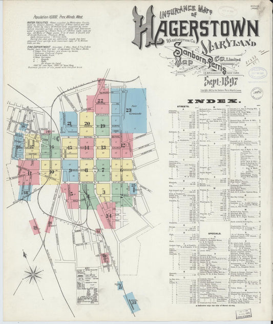 Sanborn Fire Insurance Map from Hagerstown, Washington County, Maryland (1897), Sheet #0001 - Historic Sanborn Fire Insurance Map Print, vintage old map wall art