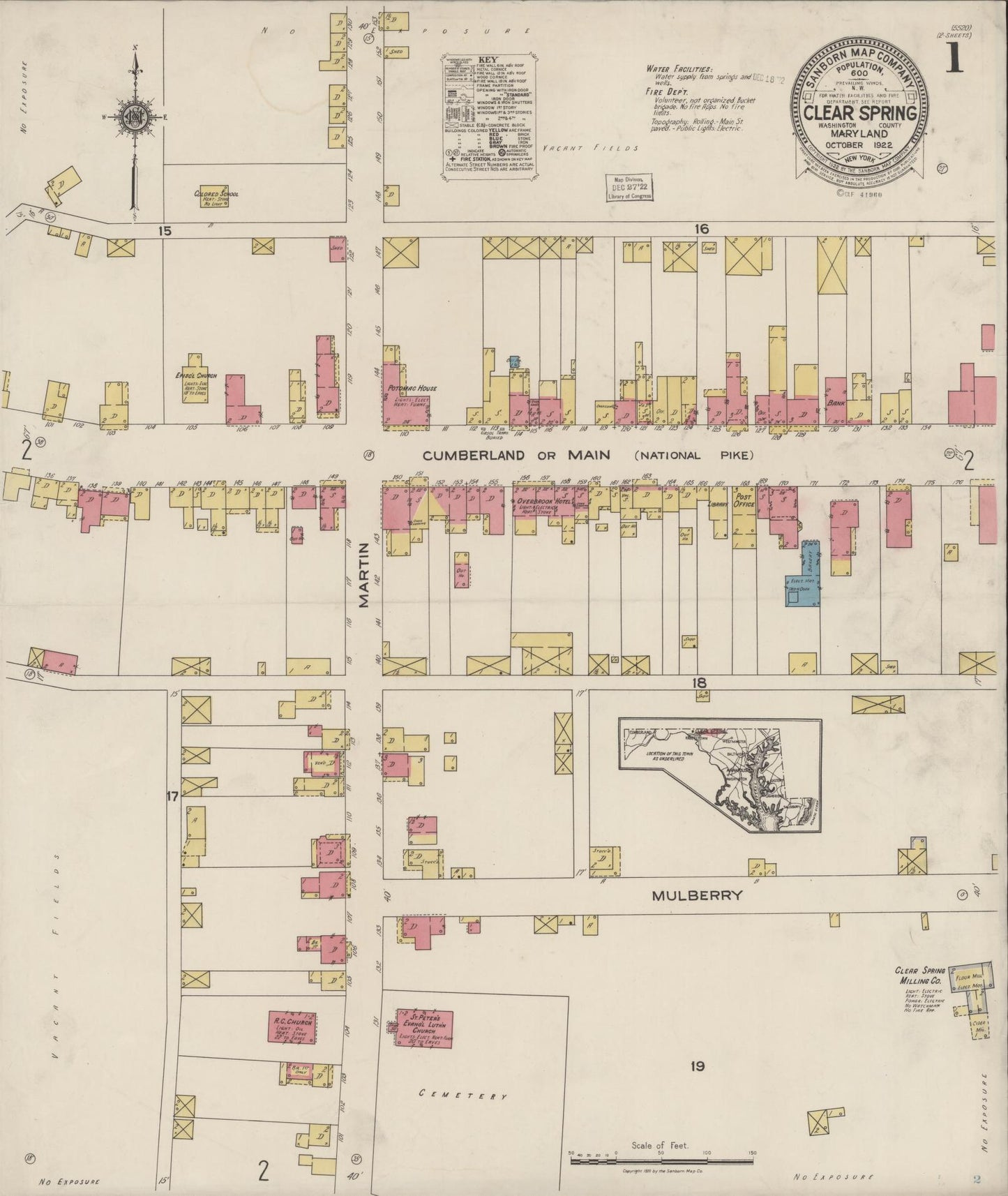 Sanborn Fire Insurance Map from Clear Spring, Washington County, Maryland (1922), Sheet #0001 - Complete Map Set gallery image, historic Sanborn map, vintage wall art, Maryland Maryland