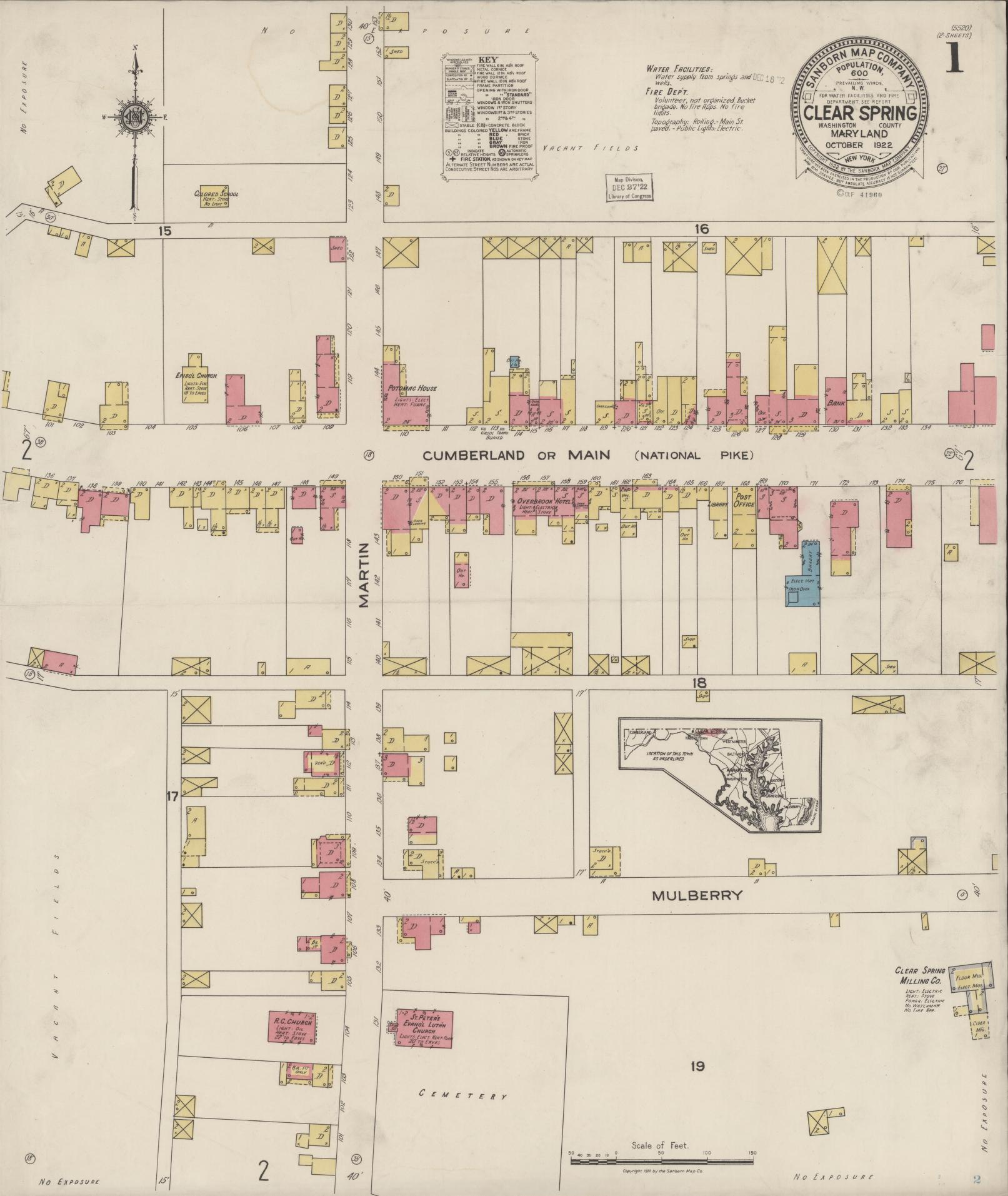 Sanborn Fire Insurance Map from Clear Spring, Washington County, Maryland (1922), Sheet #0001 - Complete Map Set gallery image, historic Sanborn map, vintage wall art, Maryland Maryland