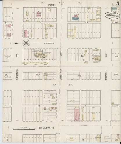 Sanborn Fire Insurance Map from Gunnison, Gunnison County, Colorado (1886), Sheet #0003 - Complete Map Set gallery image, historic Sanborn map, vintage wall art, Colorado Colorado