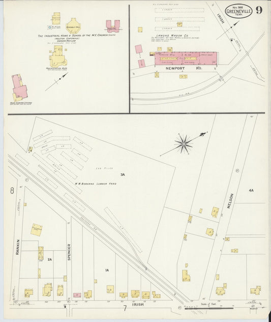 Sanborn Fire Insurance Map from Greeneville, Greene County, Tennessee (1908), Sheet #0009 - Historic Sanborn Fire Insurance Map Print, vintage old map wall art, antique decor, genealogy gift, Tennessee Tennessee map