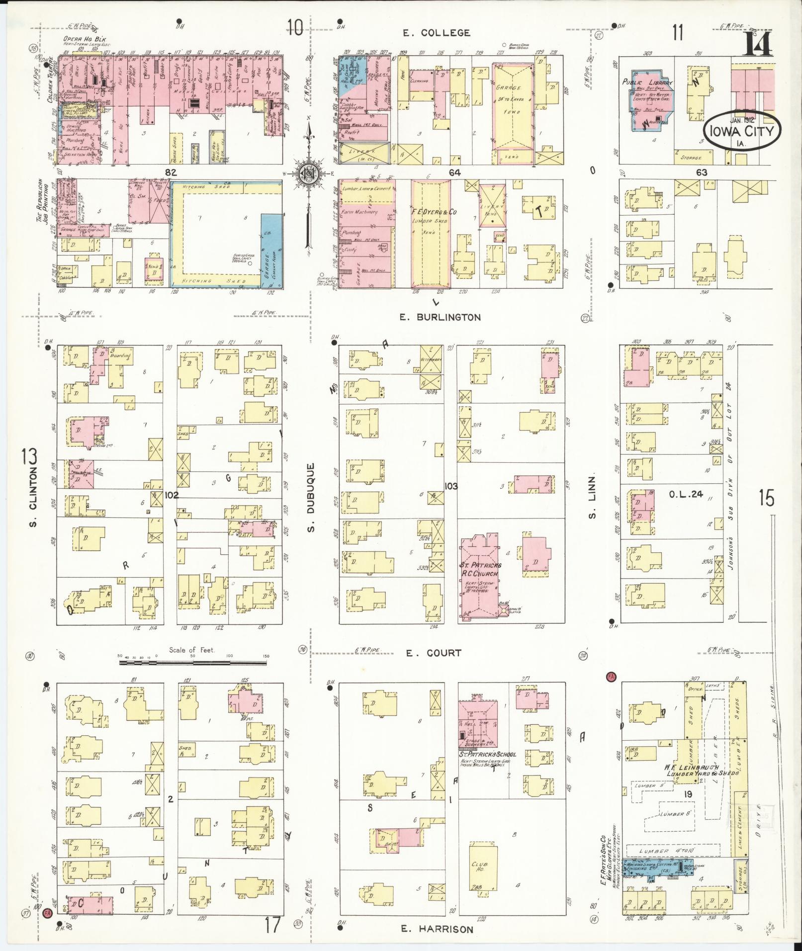 Sanborn Fire Insurance Map from Iowa City, Johnson County, Iowa (1912), Sheet #0014 - Historic Sanborn Fire Insurance Map Print, vintage old map wall art