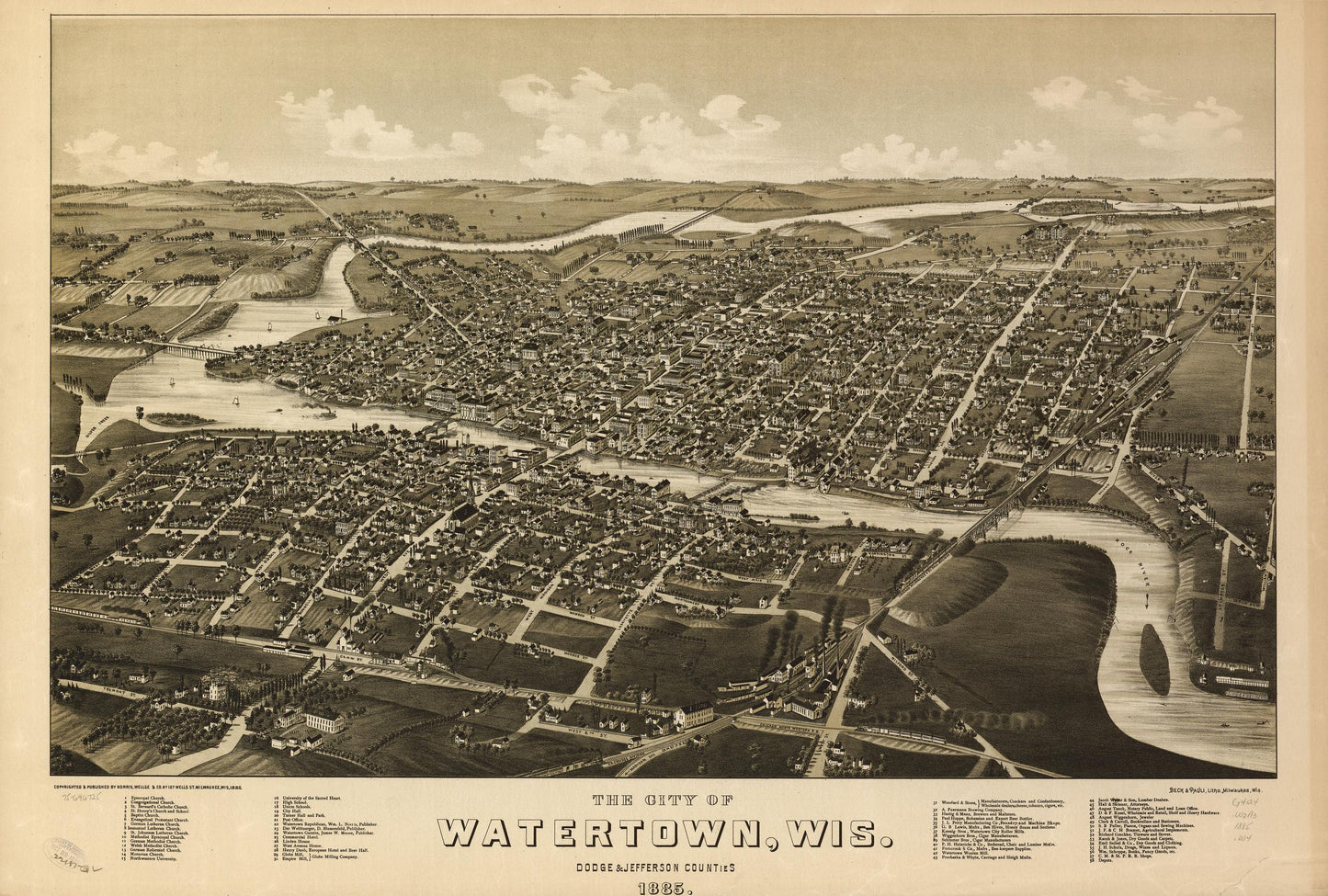 The city of Watertown, Wis. Dodge & Jefferson counties 1885. (1885) – Historic Bird’s-Eye View Panorama Print