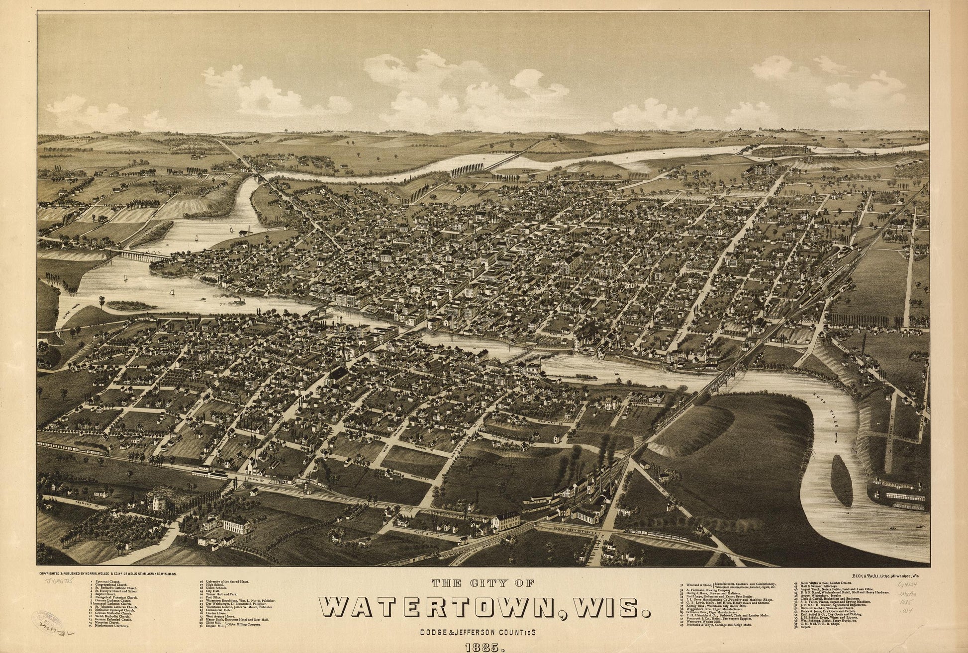 The city of Watertown, Wis. Dodge & Jefferson counties 1885. (1885) – Historic Bird’s-Eye View Panorama Print