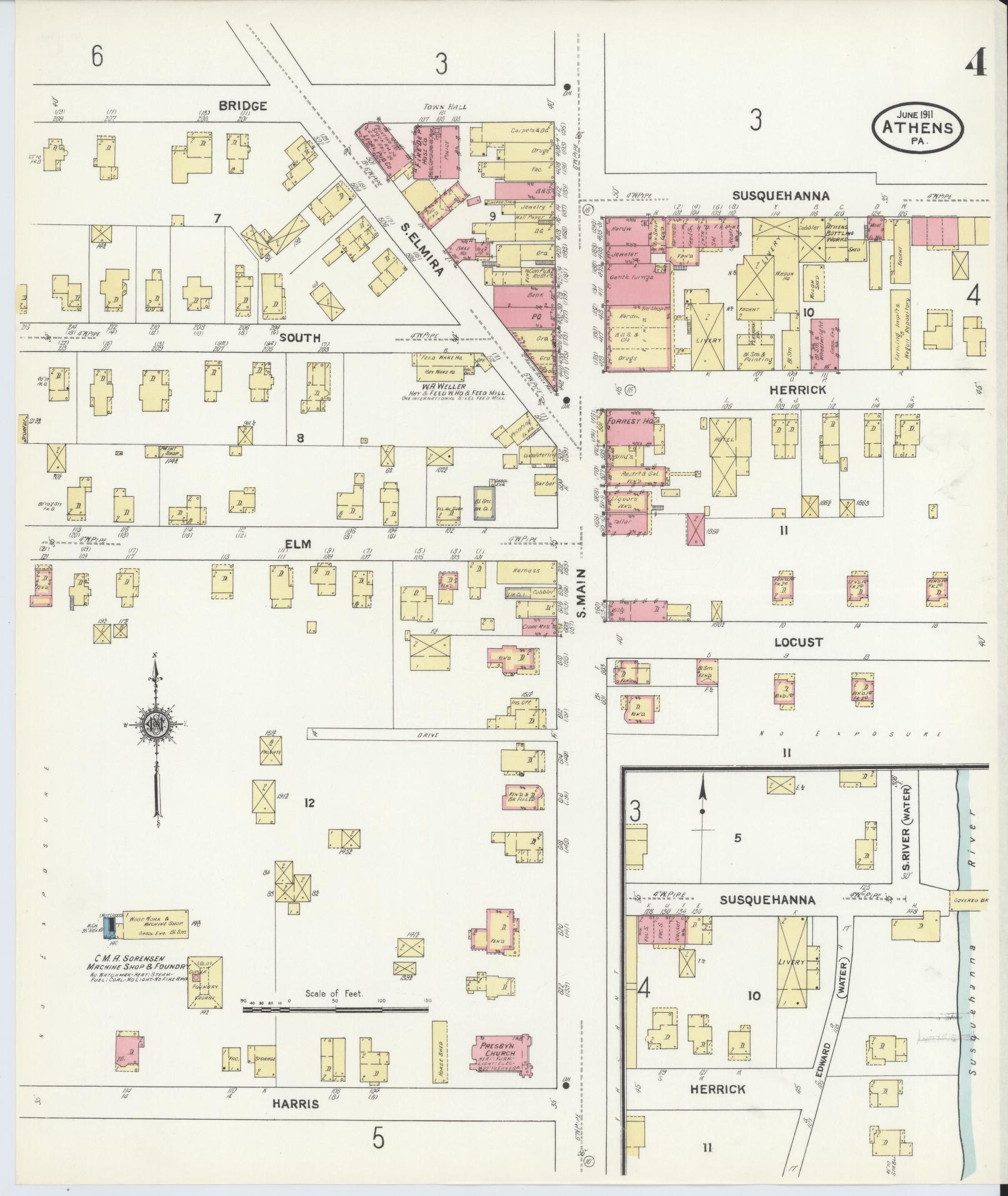 Sanborn Fire Insurance Map from Athens, Bradford County, Pennsylvania (1911), Sheet #0004 - Historic Sanborn Fire Insurance Map Print, vintage old map wall art, antique decor, genealogy gift, Pennsylvania Pennsylvania map