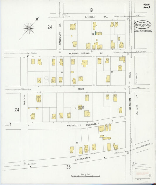 Sanborn Fire Insurance Map from Rutherford, Bergen County, New Jersey (1909), Sheet #0025 - Historic Sanborn Fire Insurance Map Print, vintage old map wall art, antique decor, genealogy gift, New Jersey New Jersey map