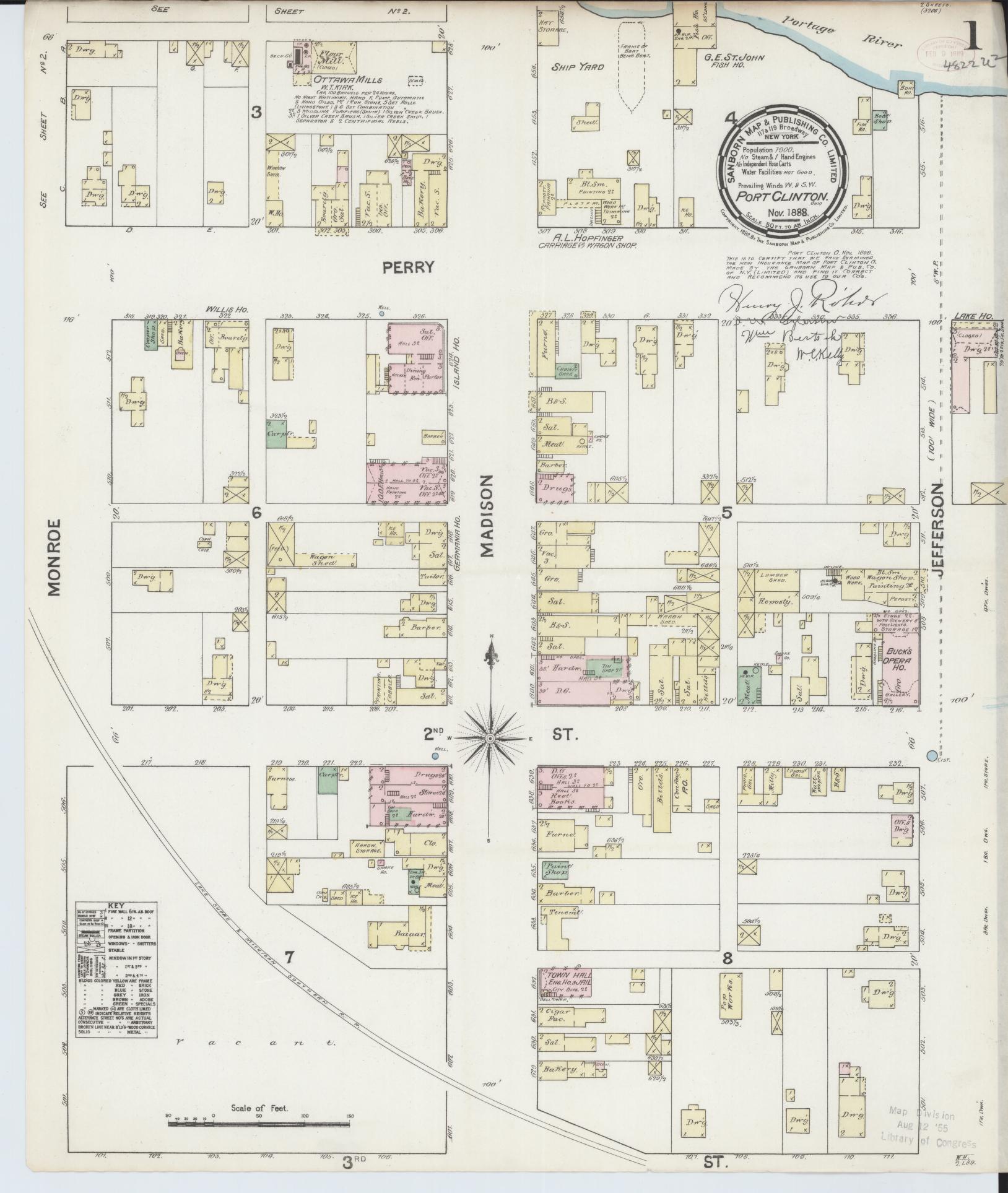 Sanborn Fire Insurance Map from Port Clinton, Ottawa County, Ohio (1888), Sheet #0001 - Historic Sanborn Fire Insurance Map Print, vintage old map wall art, antique decor, genealogy gift, Ohio Ohio map