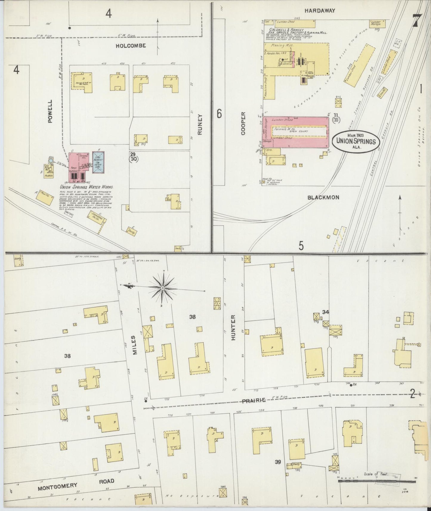 Sanborn Fire Insurance Map from Union Springs, Bullock County, Alabama (1903), Sheet #0007 - Historic Sanborn Fire Insurance Map Print, vintage old map wall art, antique decor, genealogy gift, Alabama Alabama map