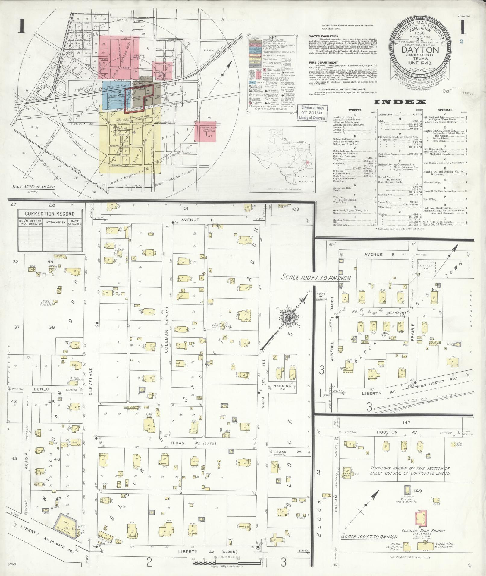 Sanborn Fire Insurance Map from Dayton, Liberty County, Texas (1943), Sheet #0001 - Complete Map Set gallery image, historic Sanborn map, vintage wall art, Texas Texas
