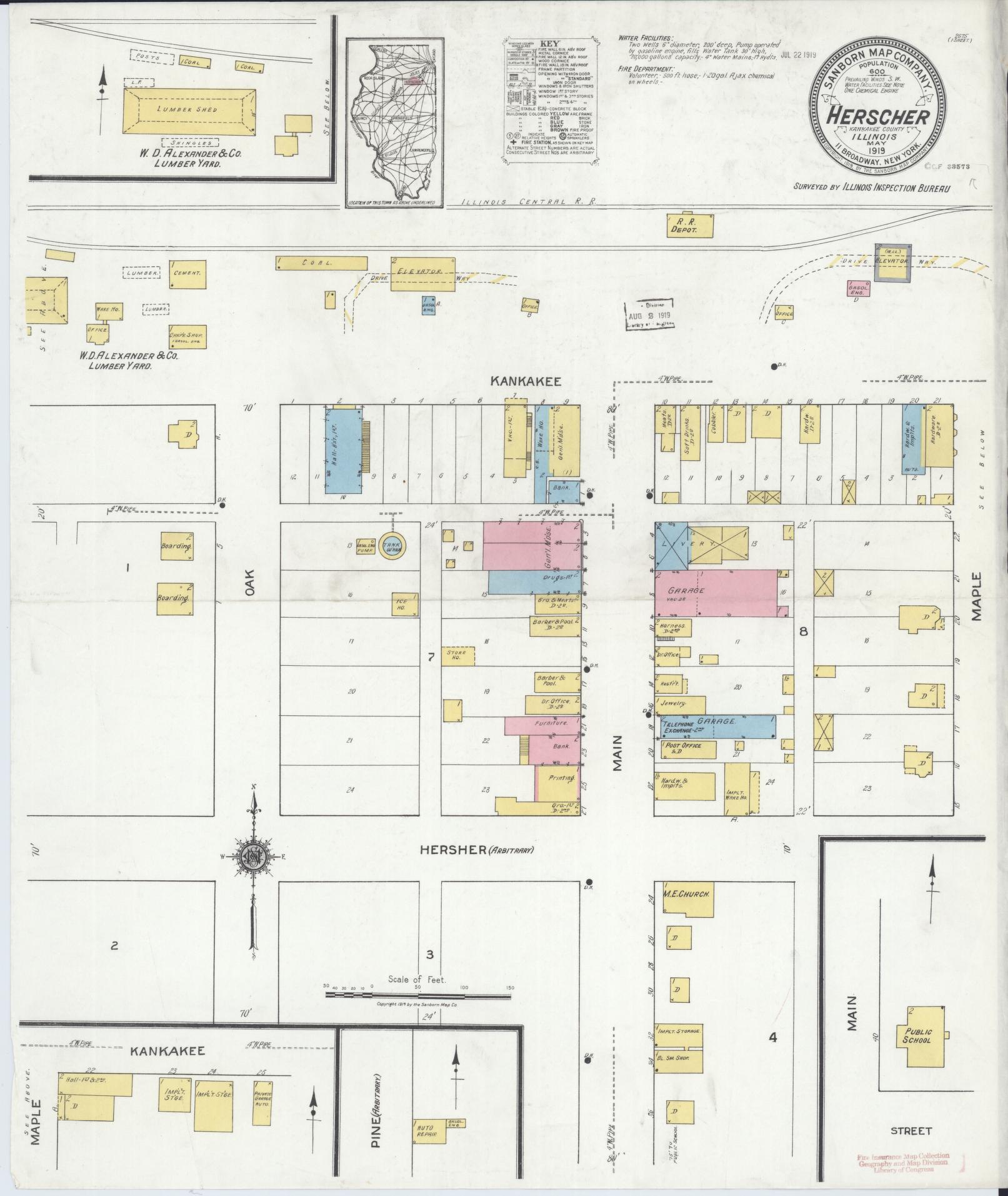 Sanborn Fire Insurance Map from Herscher, Kankakee County, Illinois (1919), Sheet #0001 - Historic Sanborn Fire Insurance Map Print, vintage old map wall art, antique decor, genealogy gift, Illinois Illinois map
