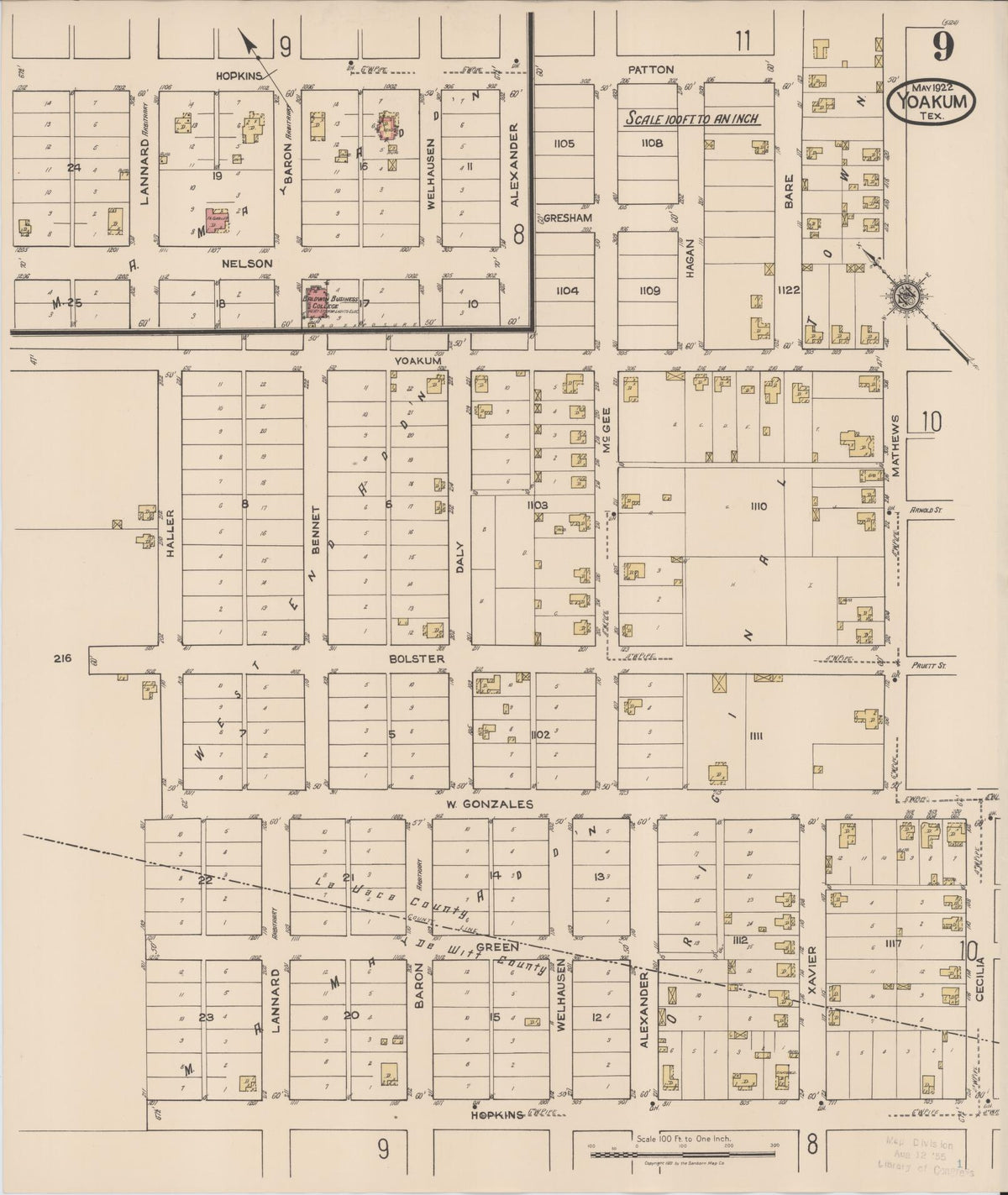 Sanborn Fire Insurance Map from Yoakum, De Witt And Lavaca Counties, Texas (1922), Sheet #0009 - Historic Sanborn Fire Insurance Map Print, vintage old map wall art, antique decor, genealogy gift, Texas Texas map