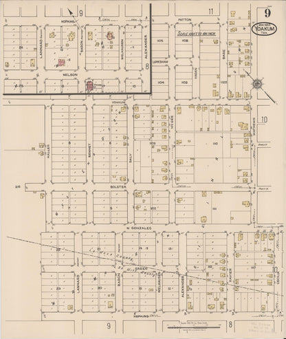Sanborn Fire Insurance Map from Yoakum, De Witt And Lavaca Counties, Texas (1922), Sheet #0009 - Historic Sanborn Fire Insurance Map Print, vintage old map wall art, antique decor, genealogy gift, Texas Texas map