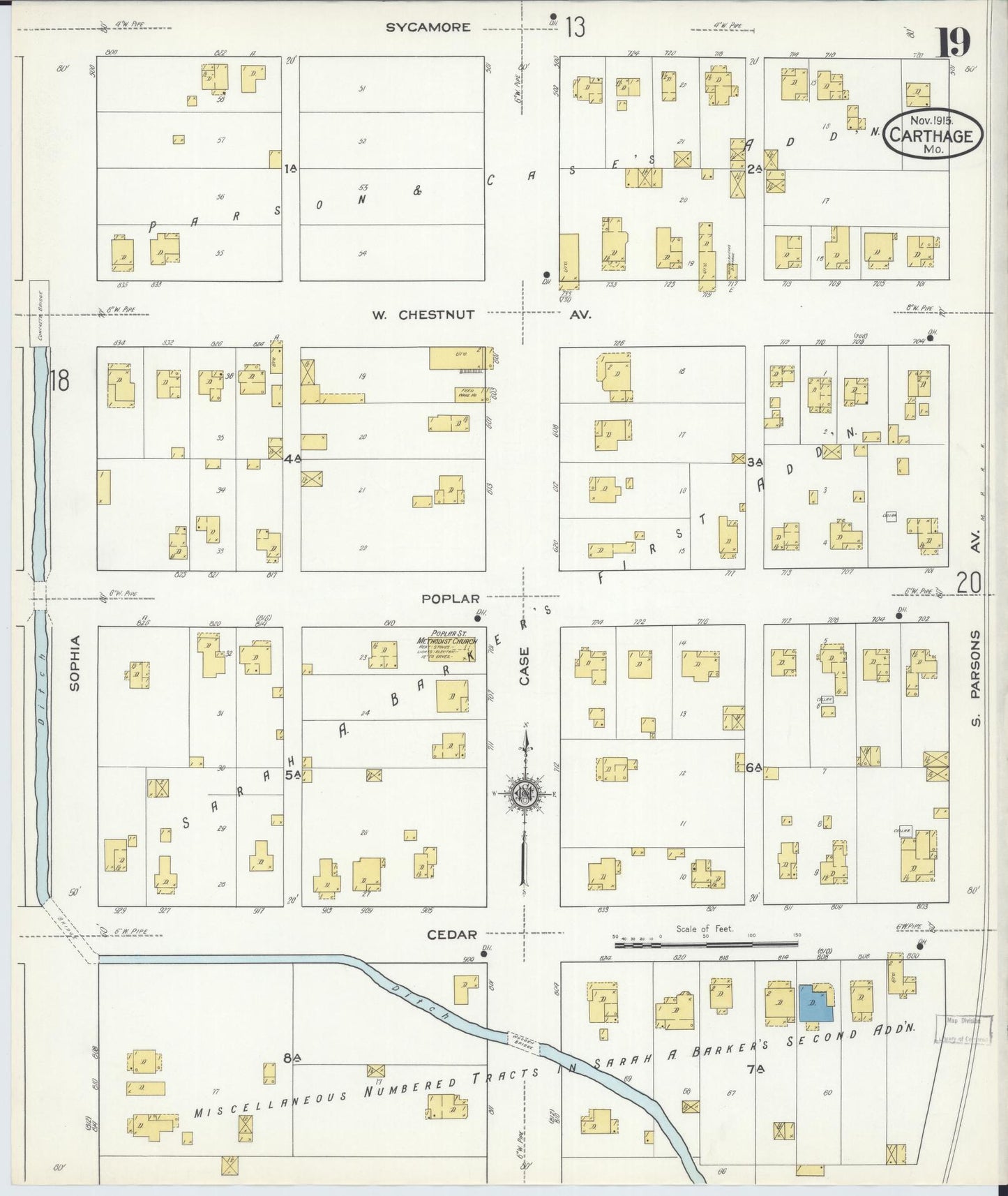 Sanborn Fire Insurance Map from Carthage, Jasper County, Missouri (1915), Sheet #0019 - Complete Map Set gallery image, historic Sanborn map, vintage wall art, Missouri Missouri