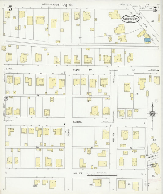 Sanborn Fire Insurance Map from Hattiesburg, Forrest County, Mississippi (1925), Sheet #0005 - Historic Sanborn Fire Insurance Map Print, vintage old map wall art, antique decor, genealogy gift, Mississippi Mississippi map