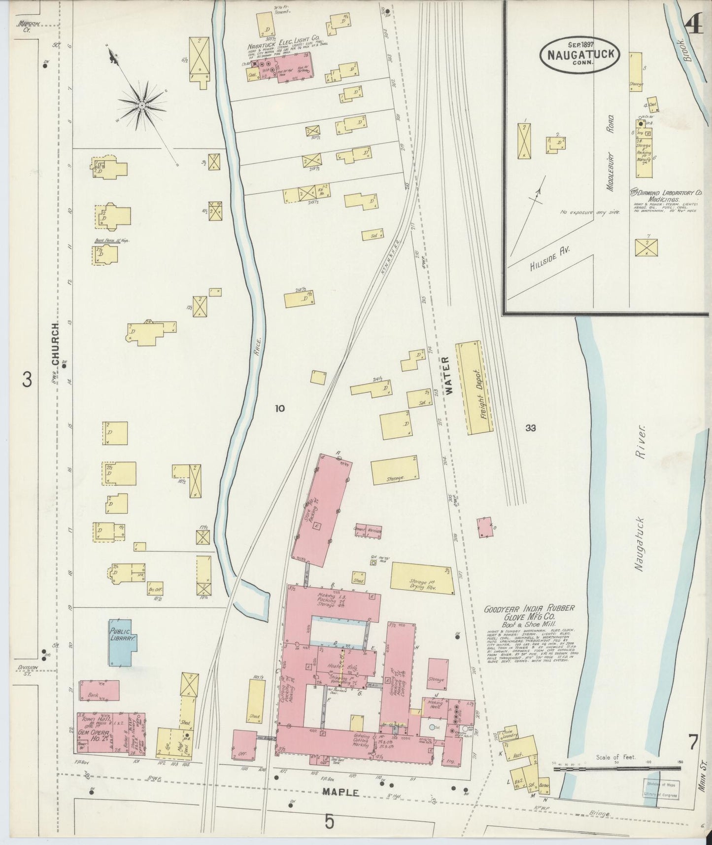 Sanborn Fire Insurance Map from Naugatuck, New Haven County, Connecticut (1897), Sheet #0004 - Complete Map Set gallery image, historic Sanborn map, vintage wall art, Connecticut Connecticut