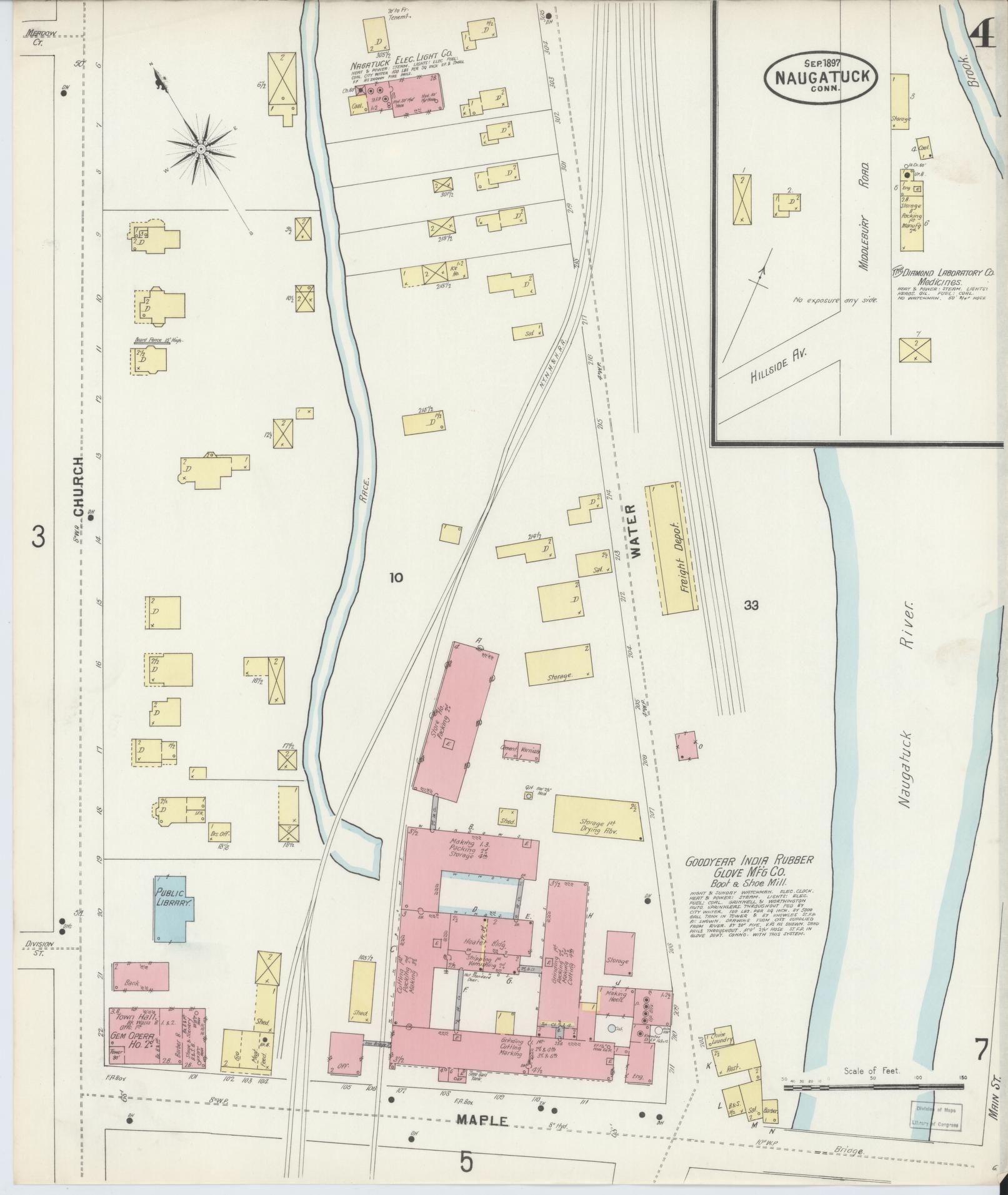 Sanborn Fire Insurance Map from Naugatuck, New Haven County, Connecticut (1897), Sheet #0004 - Complete Map Set gallery image, historic Sanborn map, vintage wall art, Connecticut Connecticut