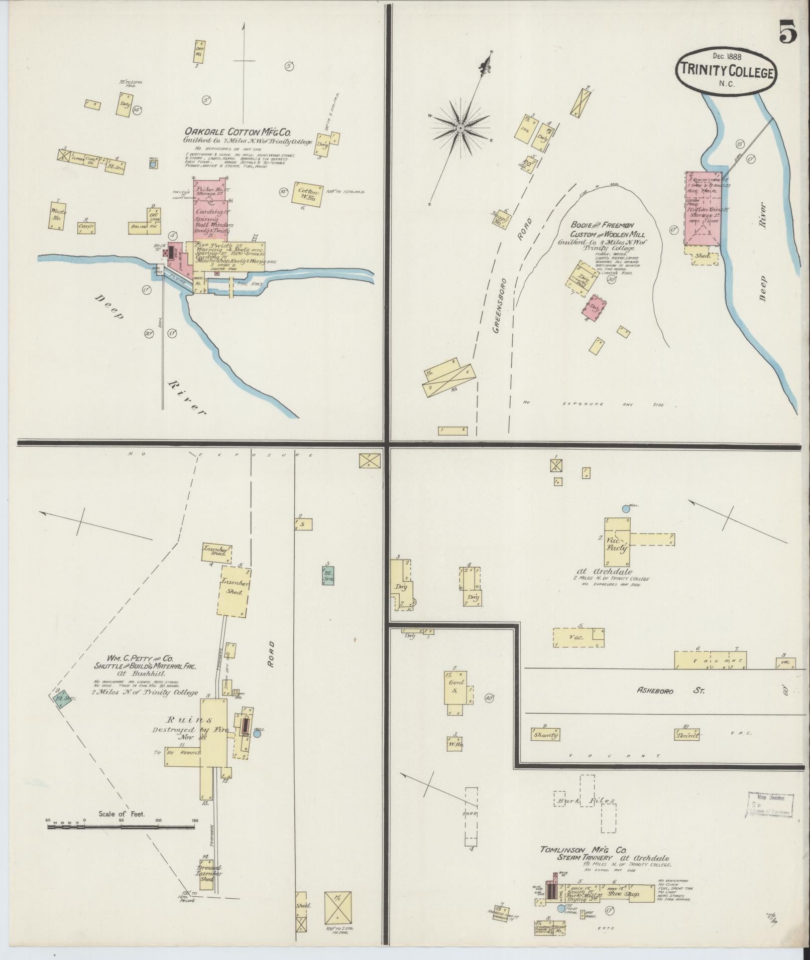 Sanborn Fire Insurance Map from Trinity College, Randolph County, North Carolina (1888), Sheet #0005 - Historic Sanborn Fire Insurance Map Print, vintage old map wall art, antique decor, genealogy gift, North Carolina North Carolina map