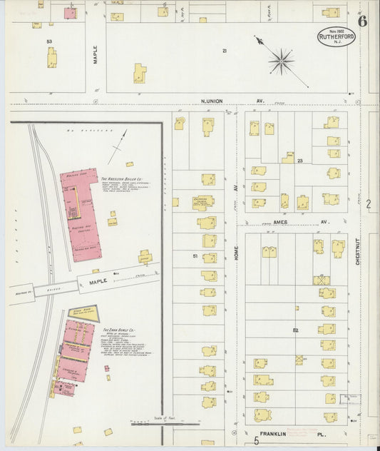 Sanborn Fire Insurance Map from Rutherford, Bergen County, New Jersey (1902), Sheet #0006 - Historic Sanborn Fire Insurance Map Print, vintage old map wall art, antique decor, genealogy gift, New Jersey New Jersey map