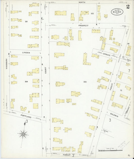 Sanborn Fire Insurance Map from Keene, Cheshire County, New Hampshire (1908), Sheet #0002 - Historic Sanborn Fire Insurance Map Print, vintage old map wall art, antique decor, genealogy gift, New Hampshire New Hampshire map
