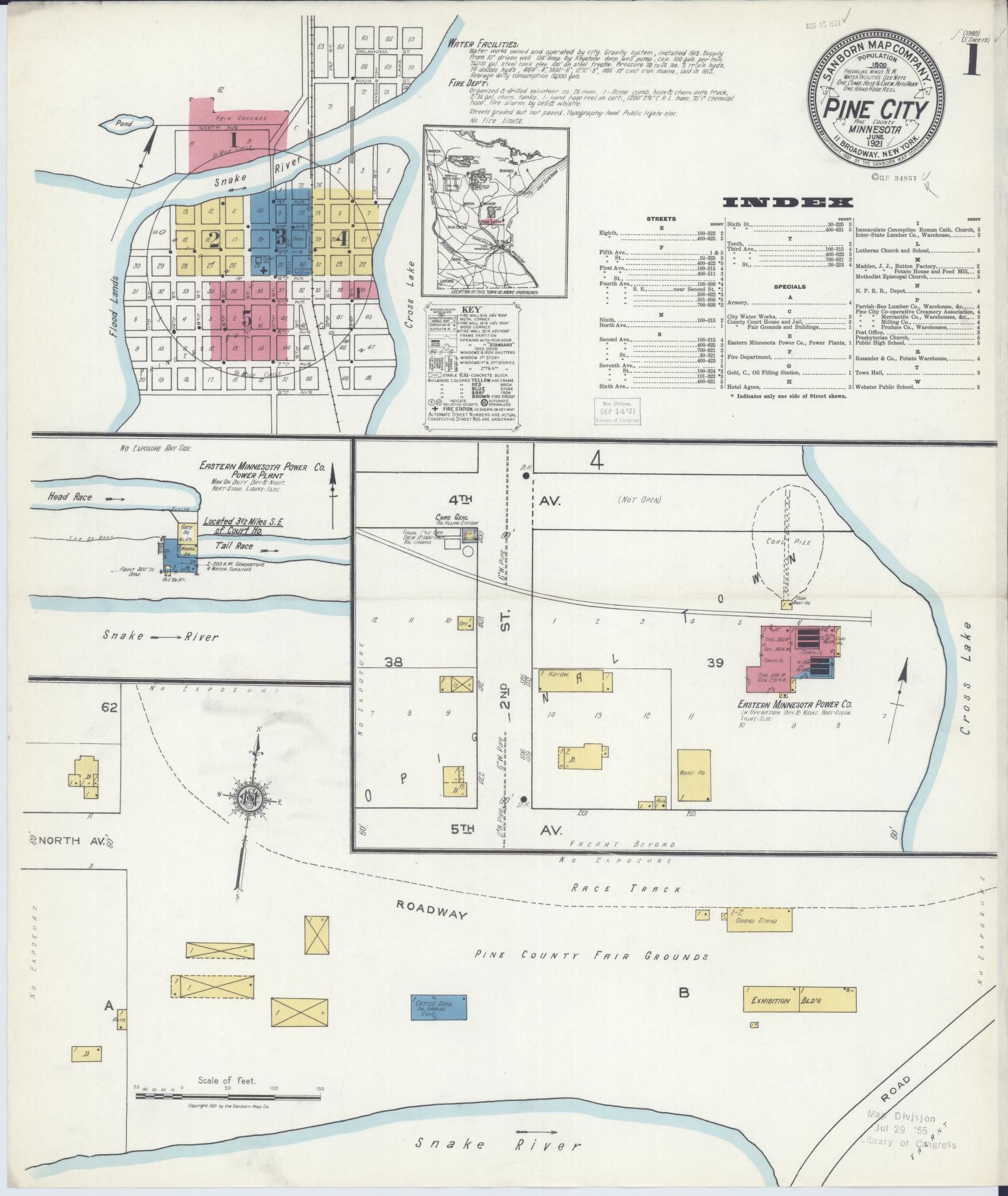 Sanborn Fire Insurance Map from Pine City, Pine County, Minnesota (1921), Sheet #0001 - Complete Map Set gallery image, historic Sanborn map, vintage wall art, Minnesota Minnesota