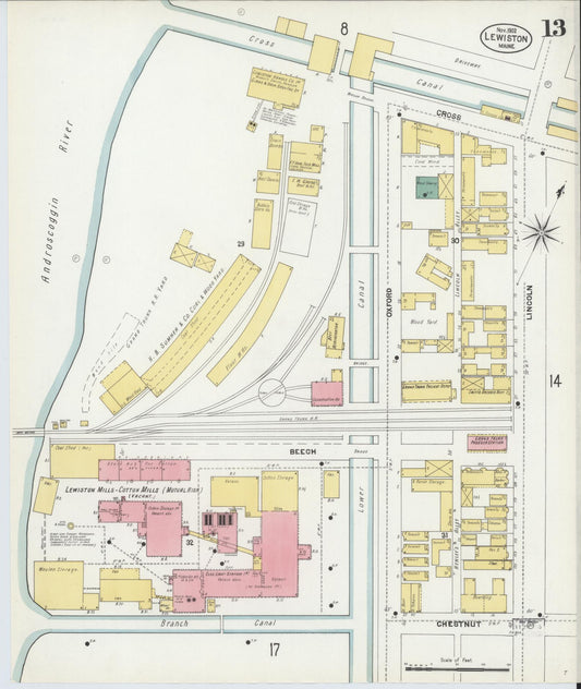 Sanborn Fire Insurance Map from Lewiston, Androscoggin County, Maine (1902), Sheet #0013 - Historic Sanborn Fire Insurance Map Print, vintage old map wall art, antique decor, genealogy gift, Maine Maine map