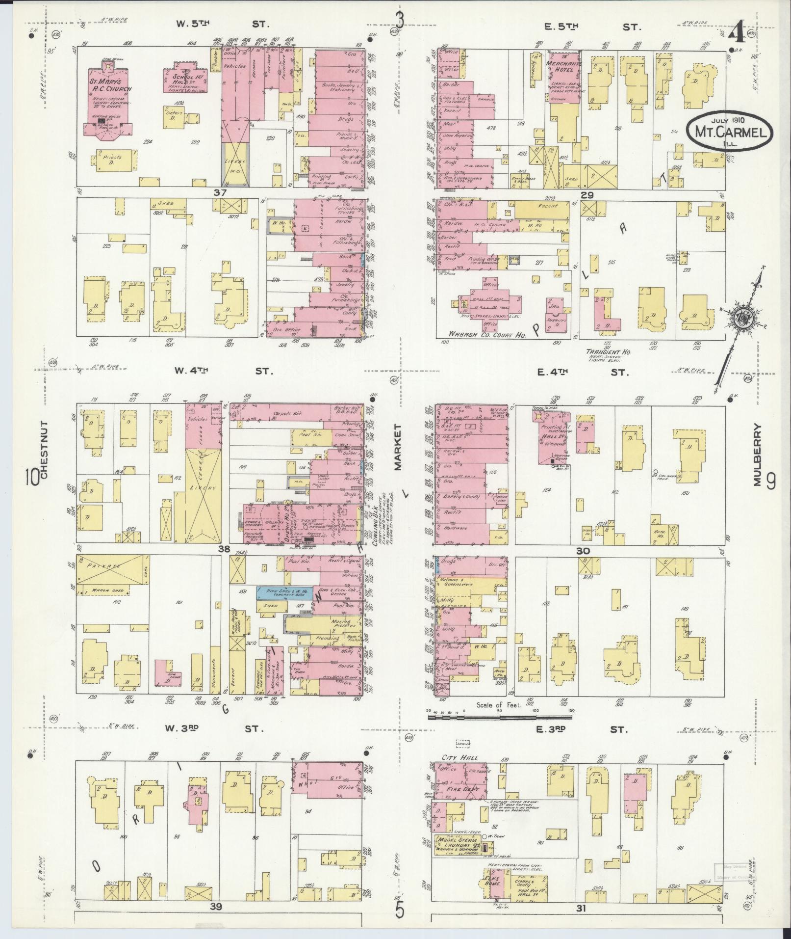 Sanborn Fire Insurance Map from Mount Carmel, Wabash County, Illinois (1910), Sheet #0004 - Complete Map Set gallery image, historic Sanborn map, vintage wall art, Illinois Illinois