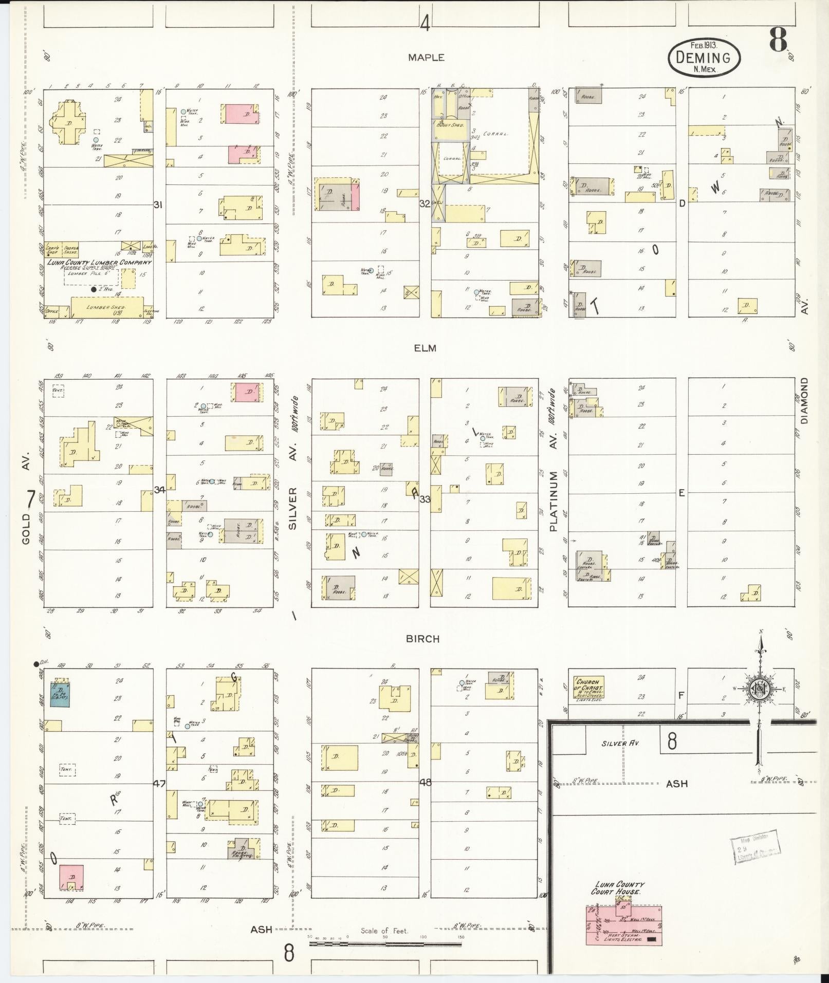 Sanborn Fire Insurance Map from Deming, Luna County, New Mexico (1913), Sheet #0008 - Historic Sanborn Fire Insurance Map Print, vintage old map wall art, antique decor, genealogy gift, New Mexico New Mexico map